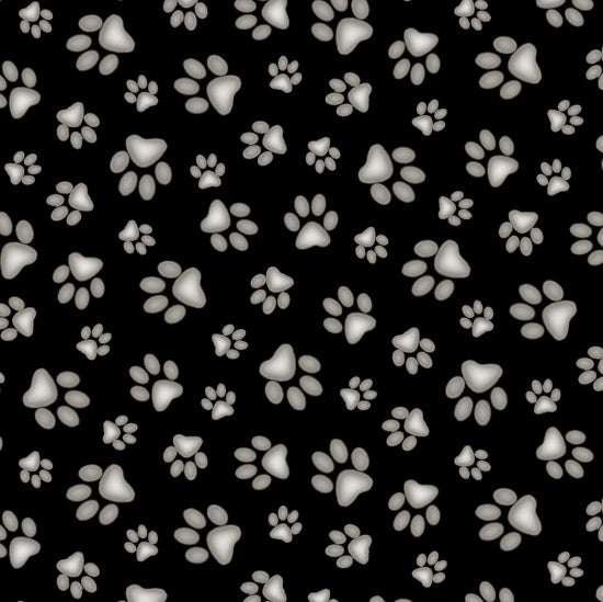 Paw Prints on Black - Adorable Pets Cotton Print Fabric - per half metre