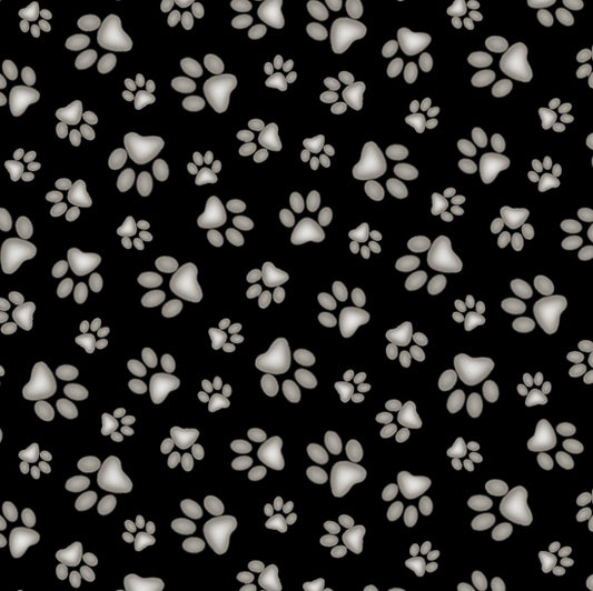 Paw Prints on Black - Adorable Pets Cotton Print Fabric - per half metre
