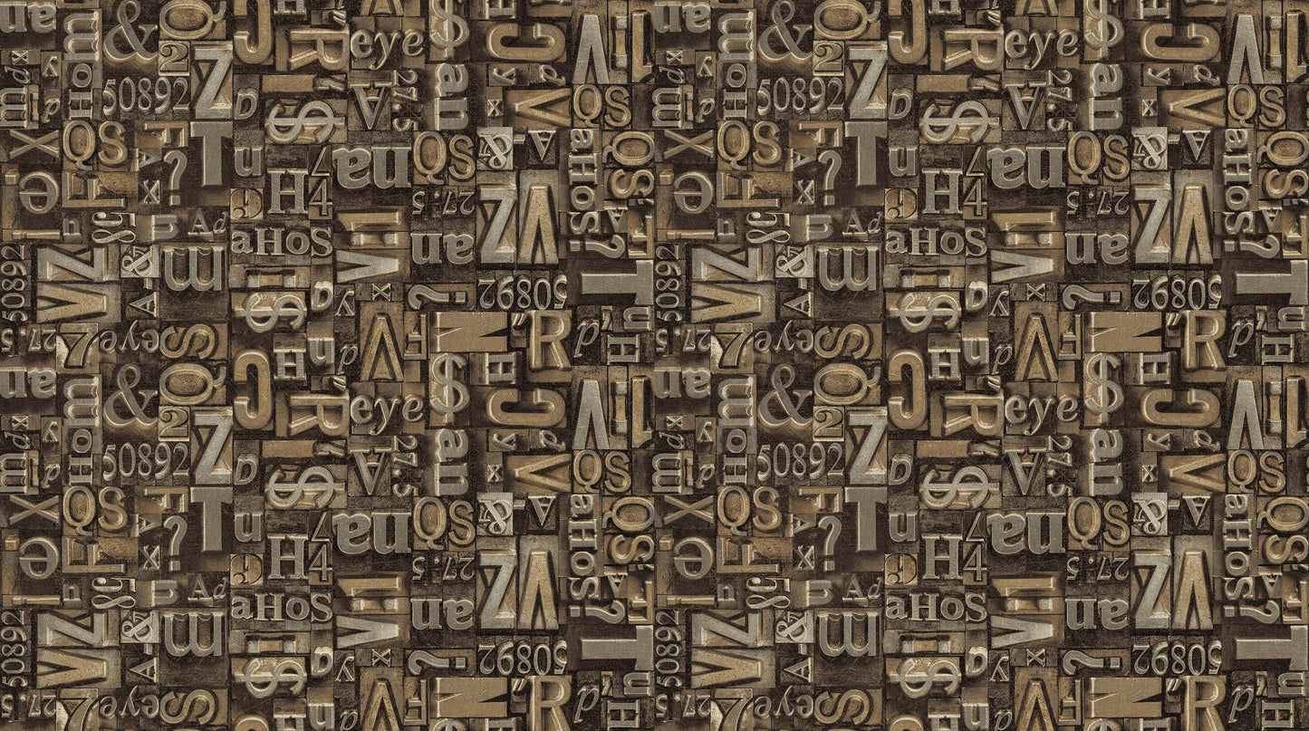 Type Set on Gold - Heavy Metals Cotton Print Fabric - per half metre