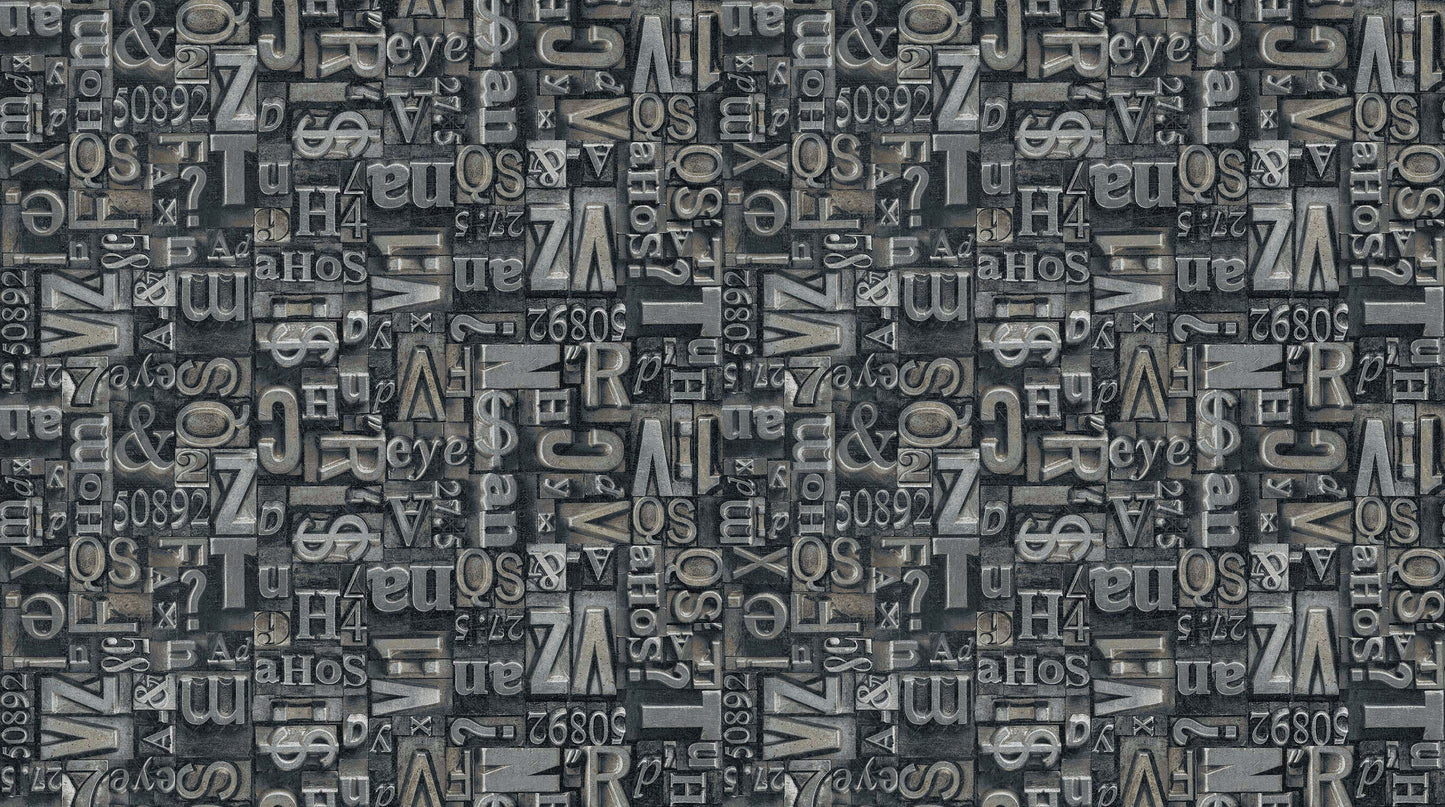 Type Set on Pewter - Heavy Metals Cotton Print Fabric - per half metre