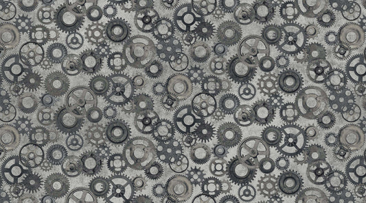 Cogs and Wheels on Pewter - Heavy Metals Cotton Print Fabric - per half metre
