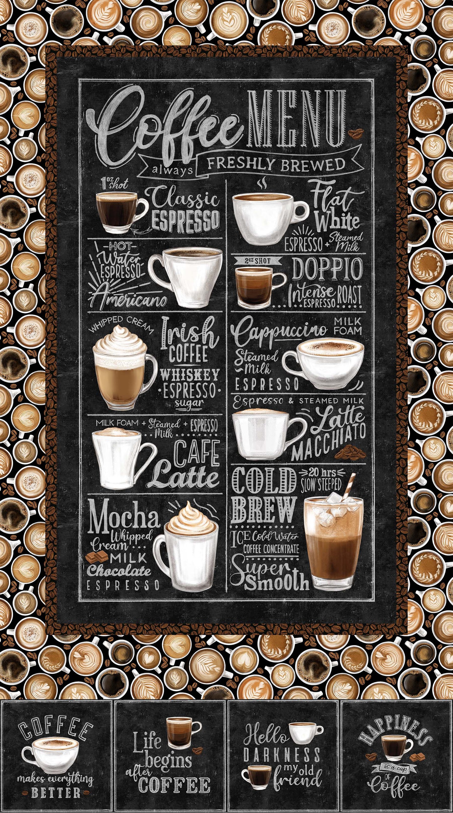 Coffee Menu Panel - Cafe Culture Cotton Print Fabric - per panel