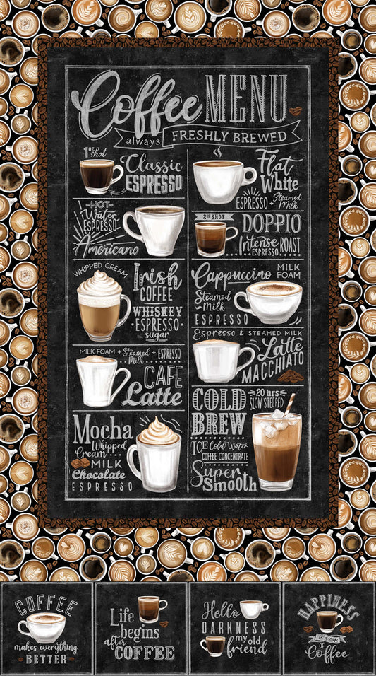 Coffee Menu Panel - Cafe Culture Cotton Print Fabric - per panel