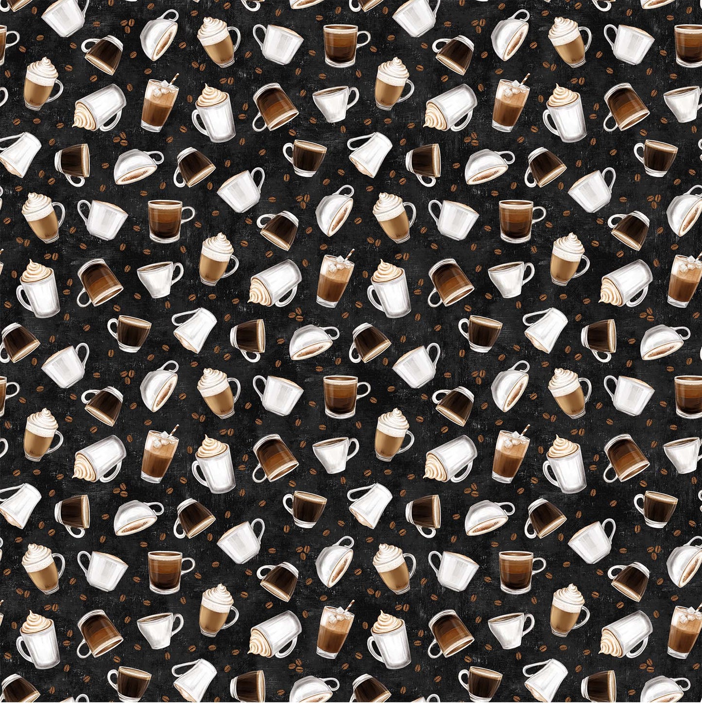 Tossed Coffee Cups on Black - Cafe Culture Cotton Print Fabric - per half metre