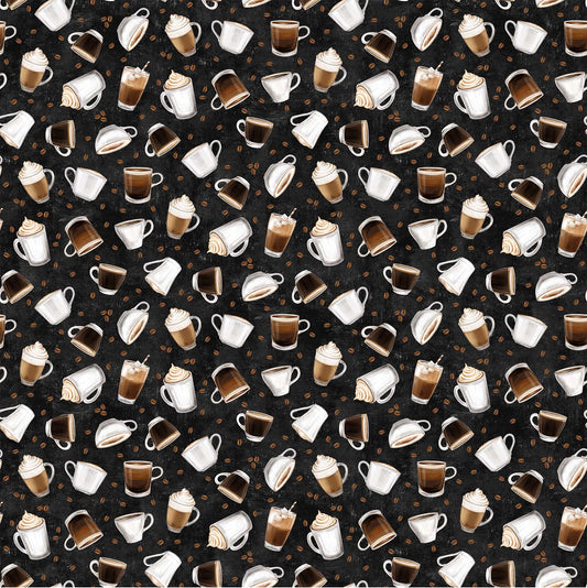 Tossed Coffee Cups on Black - Cafe Culture Cotton Print Fabric - per half metre