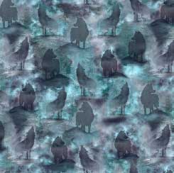 Wolf Silhouettes on Turquoise - Wolf Song Cotton Print Fabric - per half metre