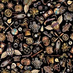 Steampunk Toss on Black - Steampunk Adventures Cotton Print Fabric - per half metre