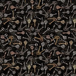 Key Toss on Black - Steampunk Adventures Cotton Print Fabric - per half metre