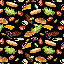 Burger Toppings - Backyard BBQ Cotton Print Fabric - per half metre