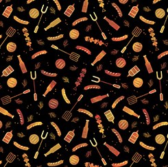 Food and Utensils Toss - Backyard BBQ Cotton Print Fabric - per half metre