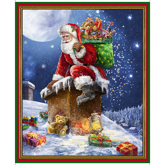 Santa Down The Chimney Panel - Up on the Housetop - Cotton Print Fabric