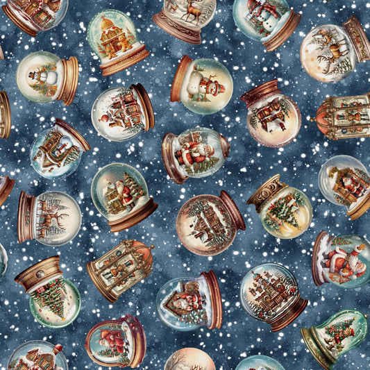 Snow Globe Toss on Blue - Wonderful Christmastime Cotton Print Fabric - per half metre