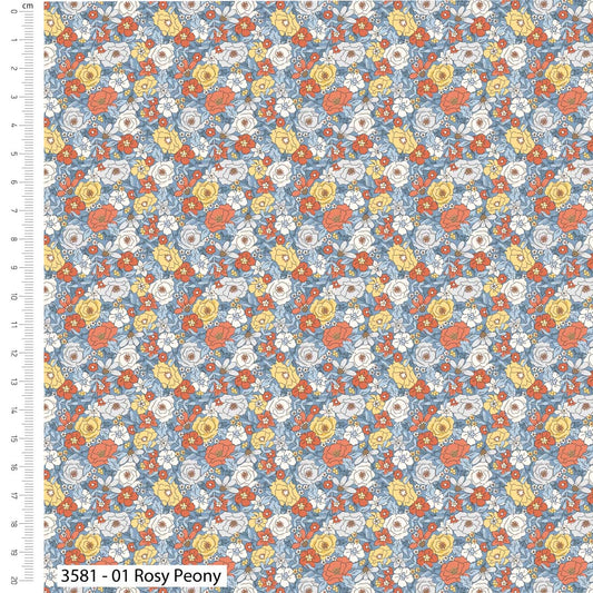 Rosy Peony - Tiny Florals Cool Cotton Print Fabric - per half metre