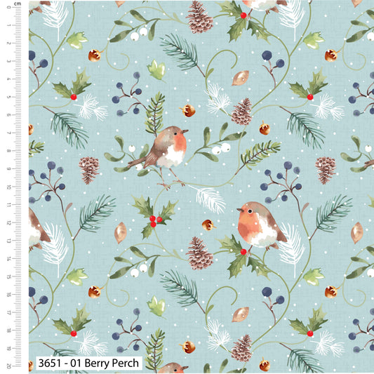Berry Perch - Feathered Foliage Cotton Print Fabric - per half metre