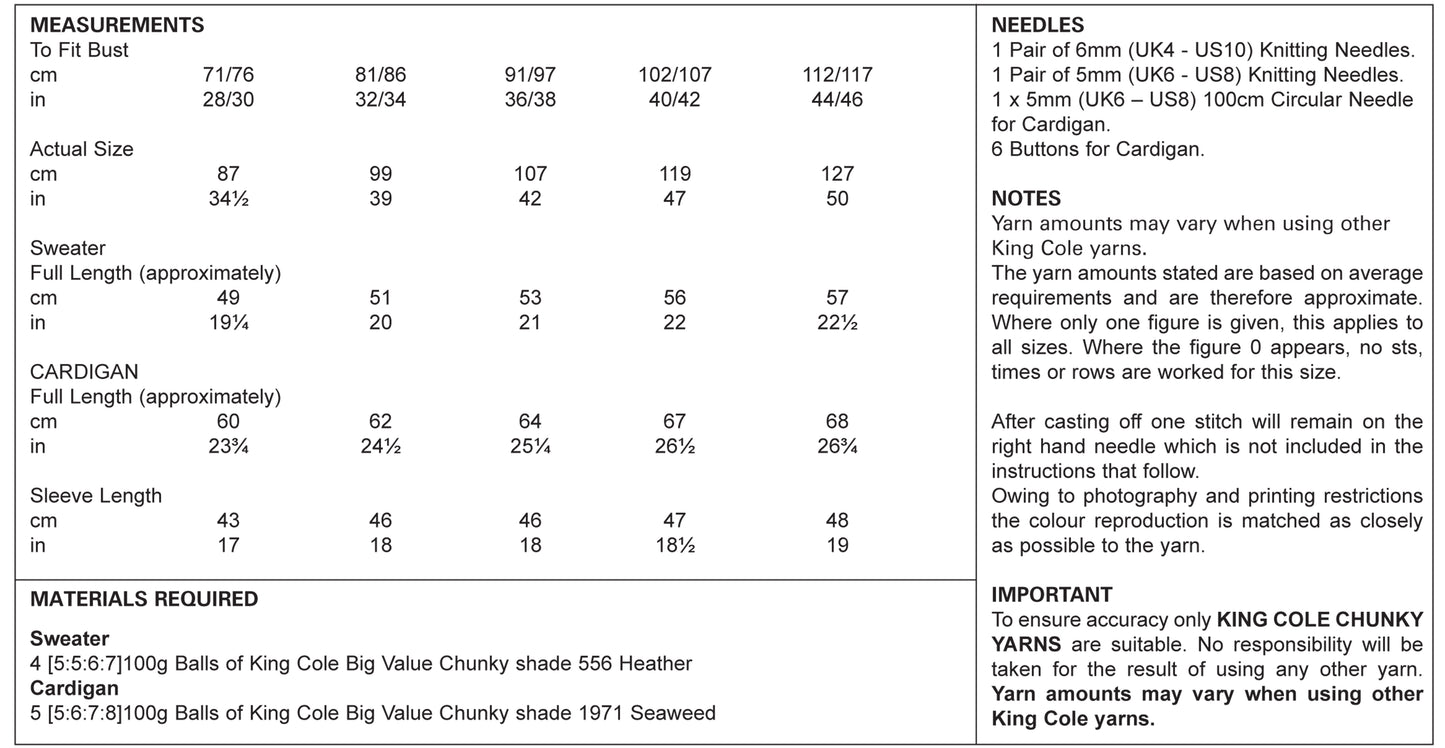 King Cole Pattern 4703 Sweater & Cardigan Knitted with Big Value Chunky