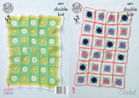 King Cole Pattern 4891 Floral Motif Blankets Crocheted with Cherished DK