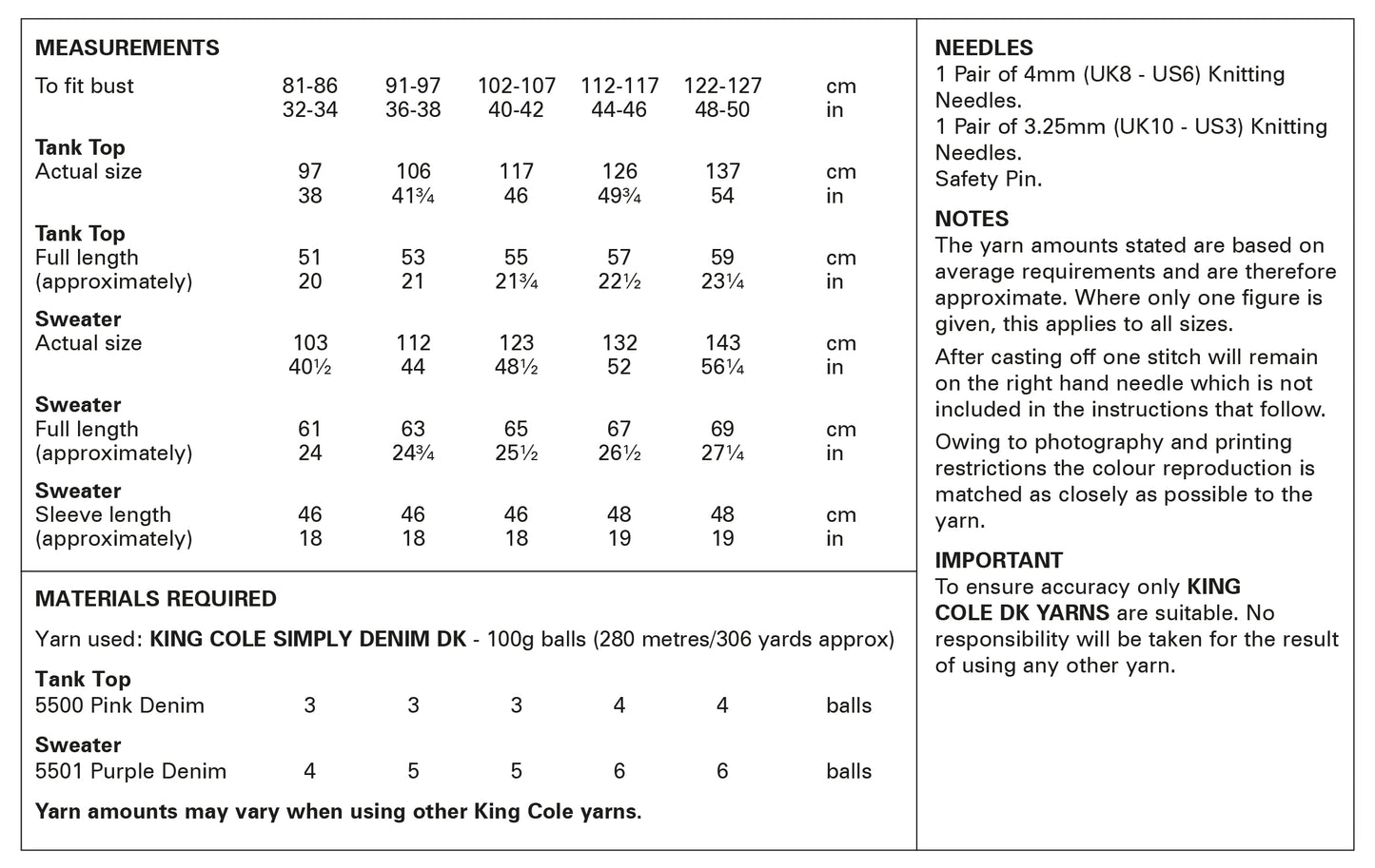 King Cole Pattern 6156 Tank Top and Sweater in Simply Denim DK