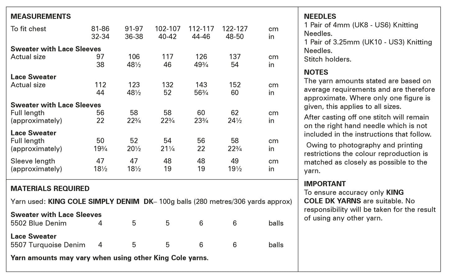 King Cole Pattern 6159 Sweaters Knitted in Simply Denim DK