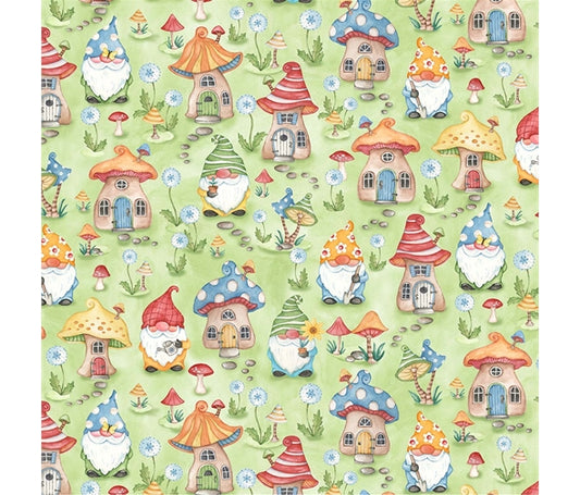 Gnome Sweet Home on Green - Better Gnomes and Gardens Cotton Print - per half metre