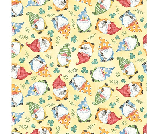 Gnome Gardeners on Yellow - Better Gnomes and Gardens Cotton Print - per half metre