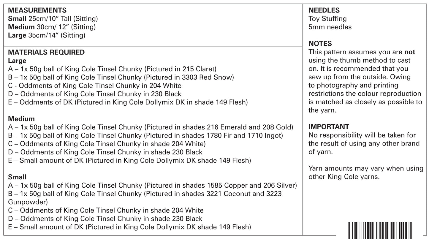 King Cole Pattern 9113 Gnomes Knitted in Tinsel Chunky