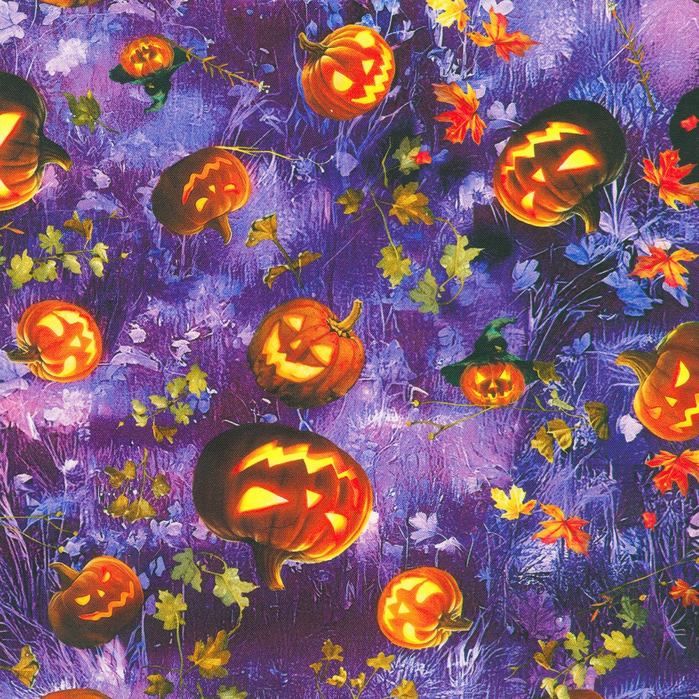 Pumpkins on Wisteria - Moon Spell Cotton Print Fabric - per half metre