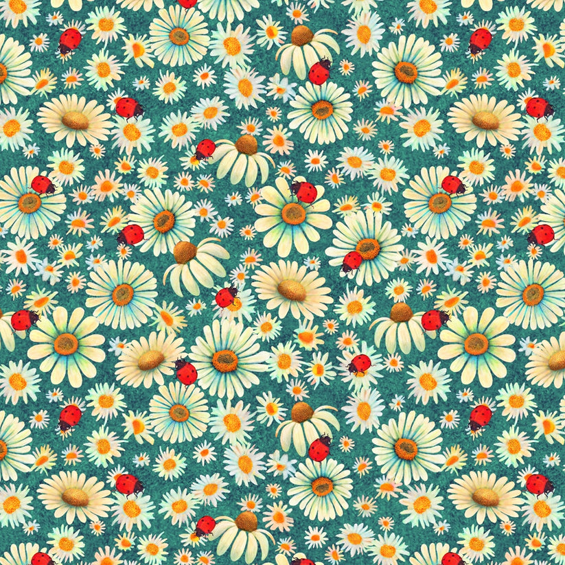 Daisies and Ladybugs on Aqua - Luminous Haven Cotton Print Fabric - per half metre