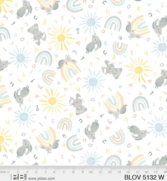 Bunny and Rainbow Toss - Bunny Love Cotton Print Fabric - per half metre