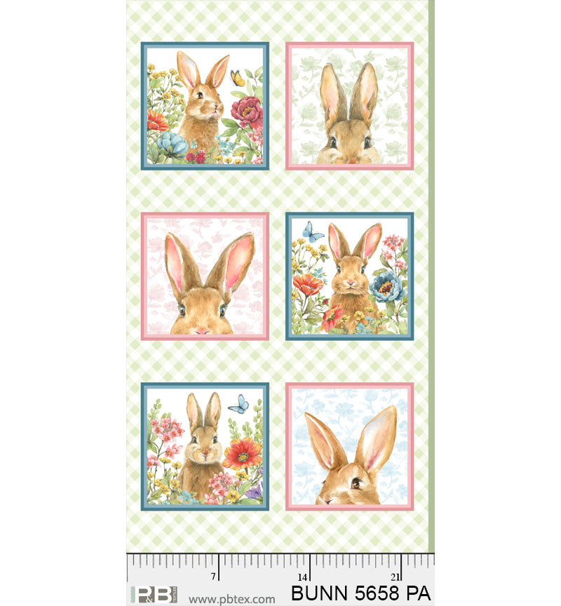 Bunny Squares - Bunnies and Blooms Cotton Print Fabric - per panel