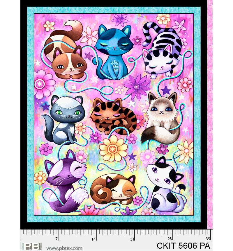 Large Kittie Panel - Crazy Kitties Cotton Print Fabric - per panel