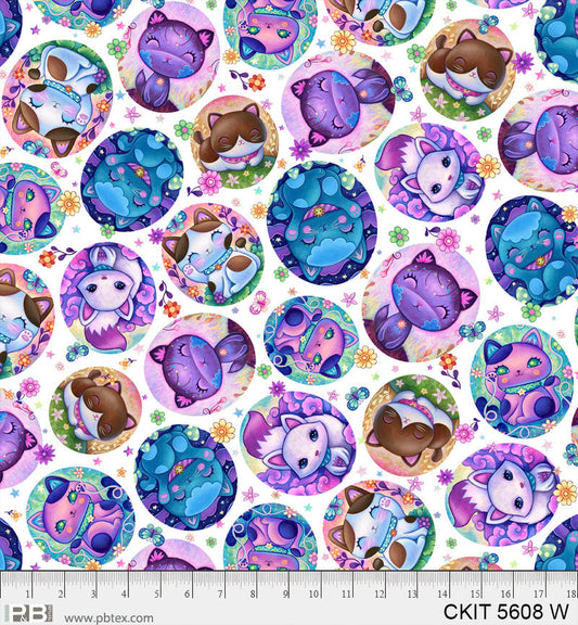 Kittens in Bubbles on White - Crazy Kitties Cotton Print Fabric - per half metre