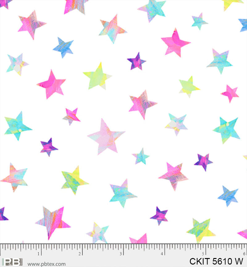Stars Multi on White - Crazy Kitties Cotton Print Fabric - per half metre