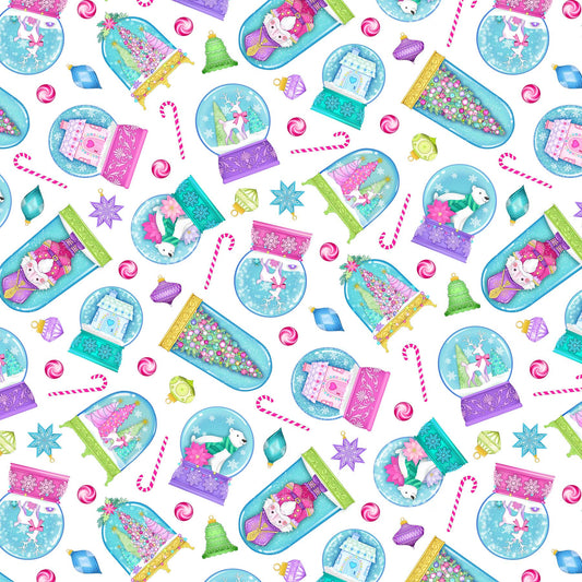 Snow Globe Toss on White - Merry and Bright Cotton Print Fabric - per half metre