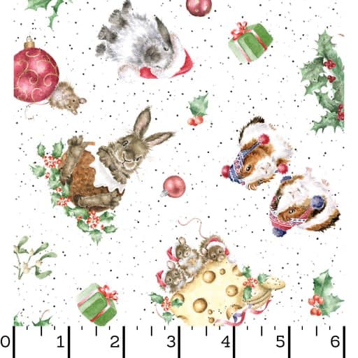 Furry Friends on White - One Snowy Day Cotton Print Fabric - per half metre
