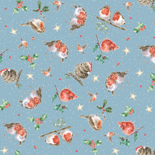 Feathered Friends on Dark Blue - One Snowy Day Cotton Print Fabric - per half metre