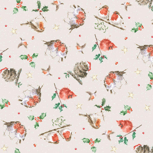 Feathered Friends on Ecru - One Snowy Day Cotton Print Fabric - per half metre