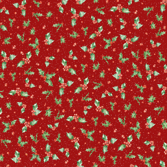 Holly on Dark Red - One Snowy Day Cotton Print Fabric - per half metre