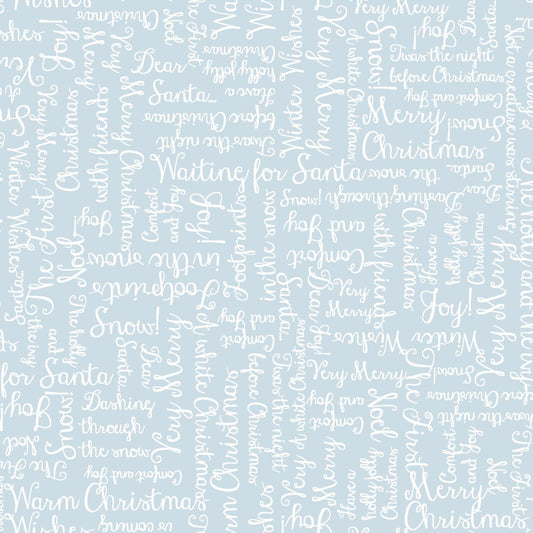 Christmas Greetings on Light Blue - One Snowy Day Cotton Print Fabric - per half metre