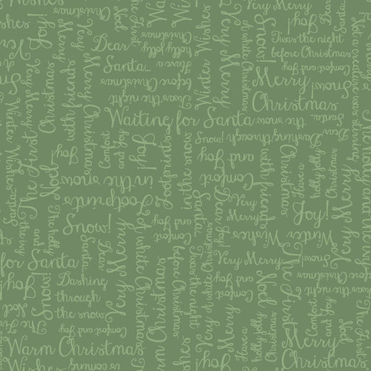 Christmas Greetings on Dark Green - One Snowy Day Cotton Print Fabric - per half metre