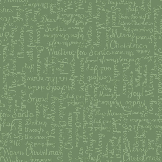 Christmas Greetings on Dark Green - One Snowy Day Cotton Print Fabric - per half metre