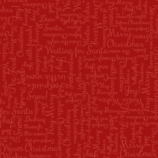 Christmas Greetings on Dark Red - One Snowy Day Cotton Print Fabric - per half metre