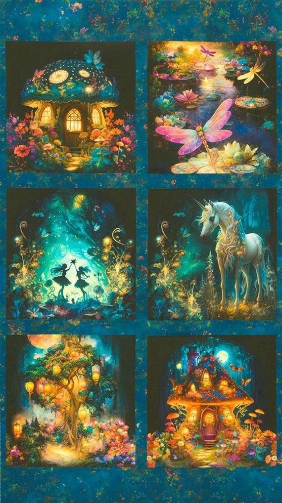 Fantasy Blocks Panel - Night Fable Cotton Print Fabric - per panel