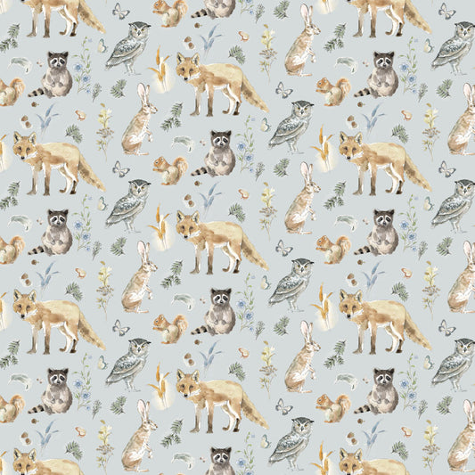 Animals on Light Blue - Wildwoods Cotton Print Fabric - per half metre
