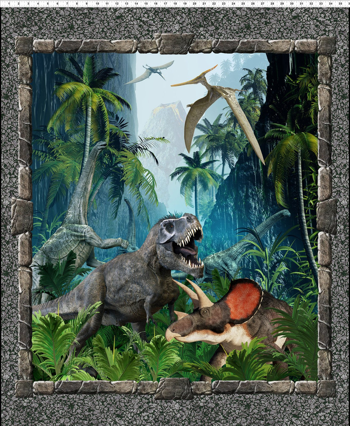 Large Dinosaur Panel - Jurassic Cotton Print Fabric - per panel