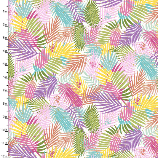 Sunshine Daze Cotton Print Fabric - Bright Fronds Glitter - per half metre