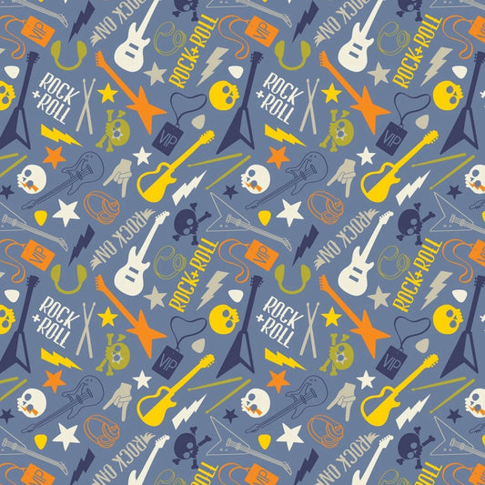 Rock On Cotton Print - Rock On Light Blue - per half metre