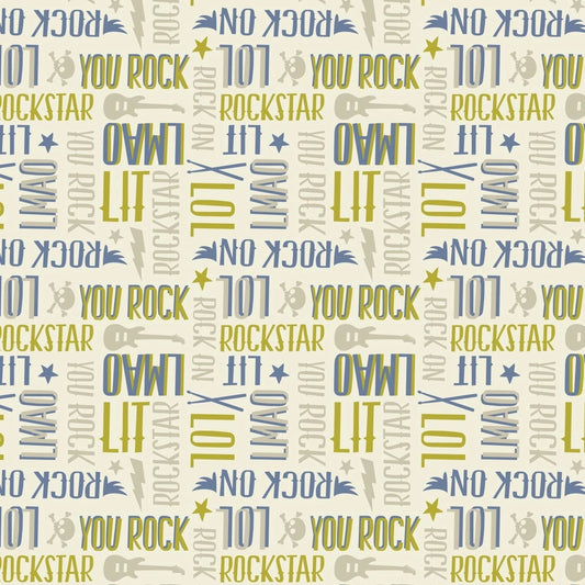 Rock On Cotton Print - Concert Slang on Grey - per half metre