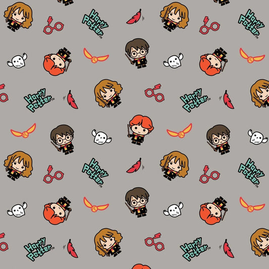 Harry Potter Wizarding World Cotton Print - Kawaii Trio Toss on Grey