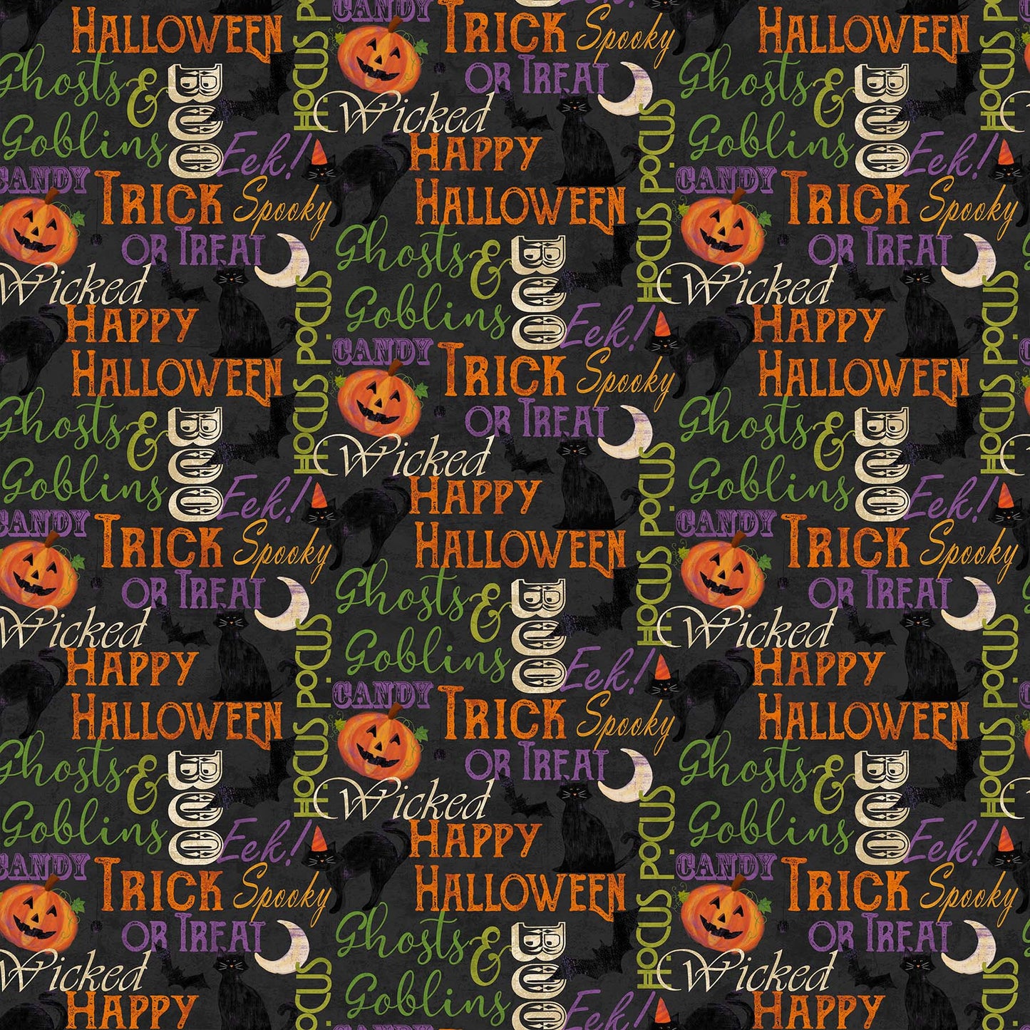 Festive Felines Cotton Print - Halloween Words - per half metre