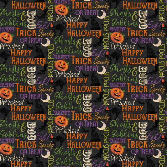 Festive Felines Cotton Print - Halloween Words - per half metre